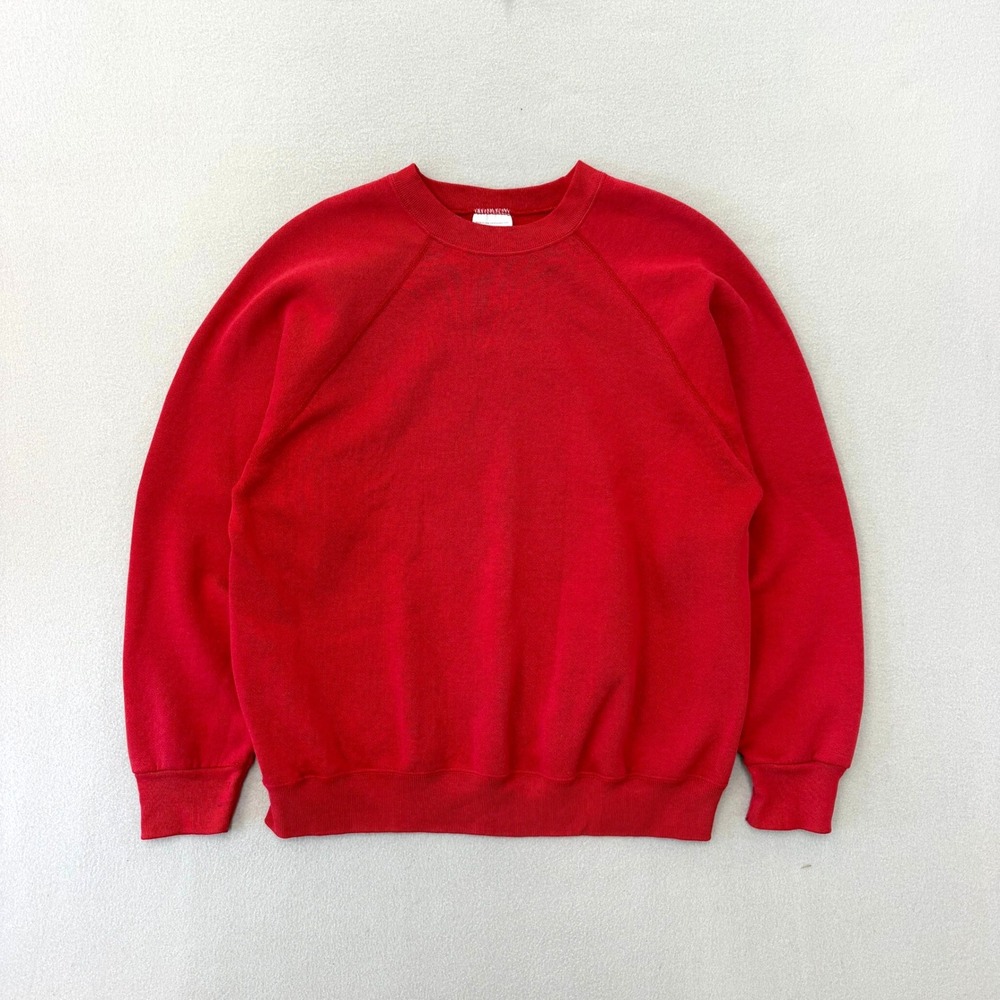 Vintage 80s Tultex Raglan Crewneck Mens Large Red Blank Fleece Pullover USA Made